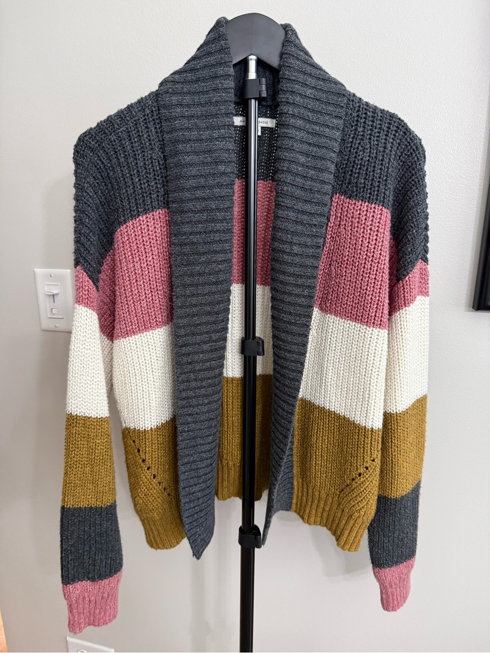 American Eagle Striped Open-Front Cardigan Sweater - Gray/Pink/Cream/Tan